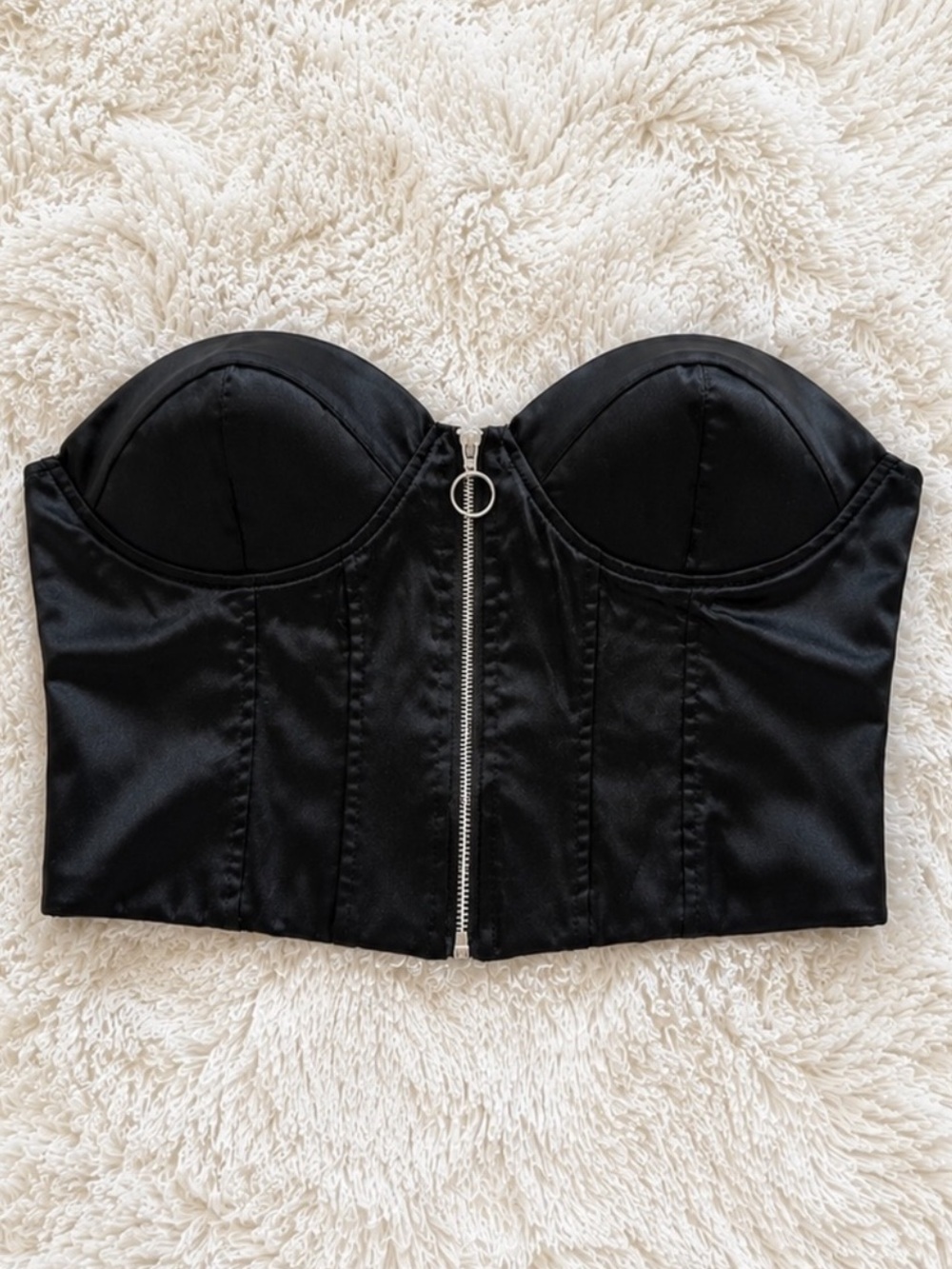Love By Design Black Satin Bustier Crop Top with Front Zip